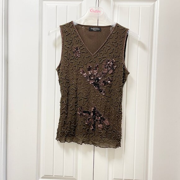 Vintage Embellished Sequin Sleeveless Top Brown - Picture 1 of 11